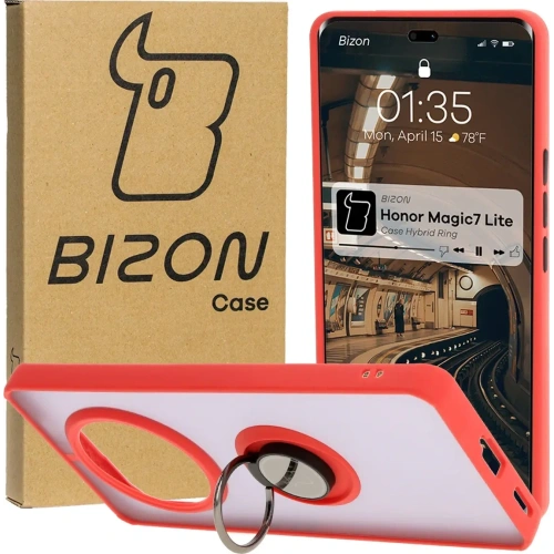 Etui z uchwytem na palec Bizon Case Hybrid Ring do Honor Magic7 Lite przydymione z czerwoną ramką