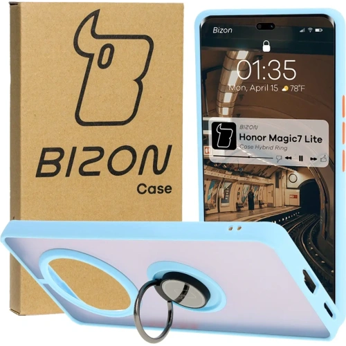 Etui z uchwytem na palec Bizon Case Hybrid Ring do Honor Magic7 Lite przydymione z jasnoniebieską ramką