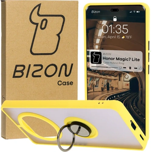 Etui z uchwytem na palec Bizon Case Hybrid Ring do Honor Magic7 Lite przydymione z żółtą ramką
