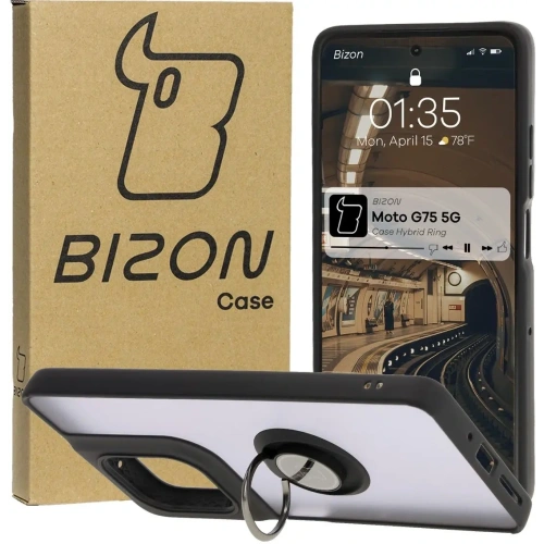Etui z uchwytem na palec Bizon Case Hybrid Ring do Motorola Moto G75 5G przydymione z czarną ramką