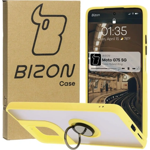 Etui z uchwytem na palec Bizon Case Hybrid Ring do Motorola Moto G75 5G przydymione z żółtą ramką
