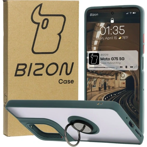 Etui z uchwytem na palec Bizon Case Hybrid Ring do Motorola Moto G75 5G przydymione z ciemnozieloną ramką