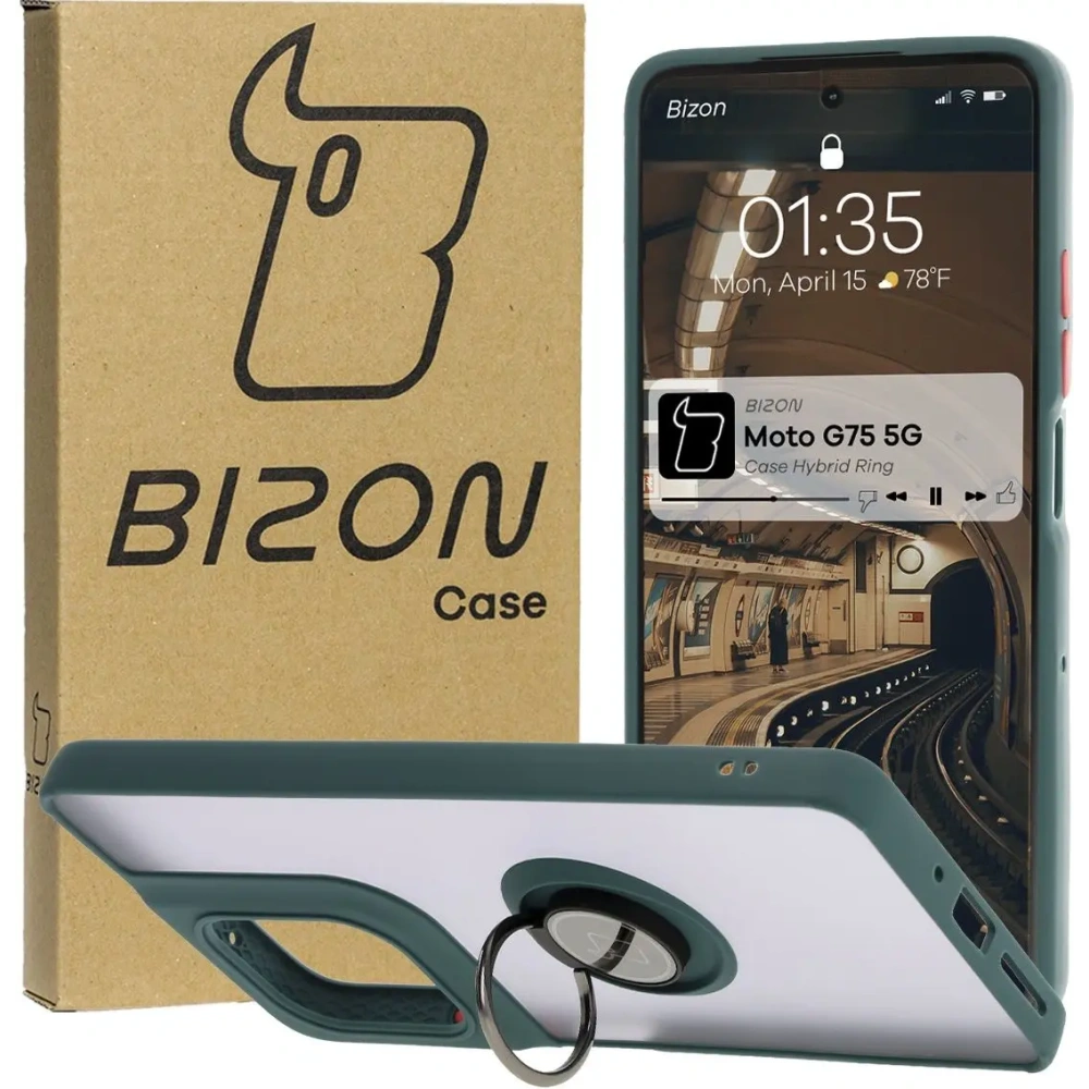 Hurtownia GSM - Etui z uchwytem na palec Bizon Case Hybrid Ring do Motorola Moto G75 5G zakouřené s tmavě zeleným rámečkem - BIZ8322 - {ean13} - Hurt