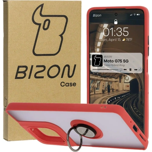 Etui z uchwytem na palec Bizon Case Hybrid Ring do Motorola Moto G75 5G przydymione z czerwoną ramką