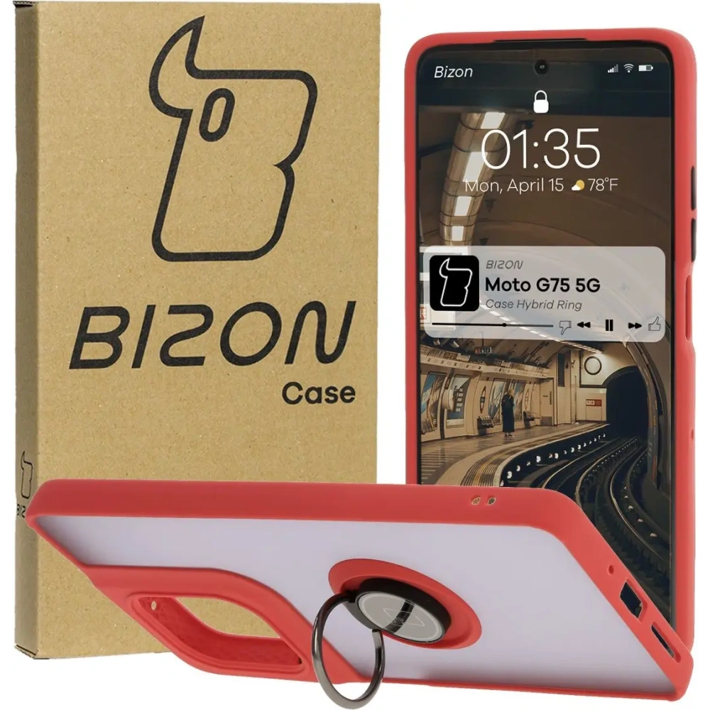 Hurtownia GSM - Etui z uchwytem na palec Bizon Case Hybrid Ring do Motorola Moto G75 5G przydymione z czerwoną ramką - BIZ8323 - {ean13} - Hurt