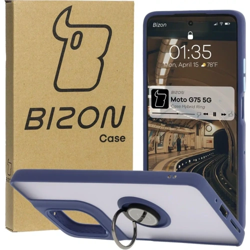 Etui z uchwytem na palec Bizon Case Hybrid Ring do Motorola Moto G75 5G przydymione z granatową ramką