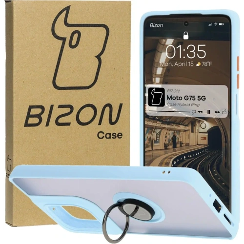 Etui z uchwytem na palec Bizon Case Hybrid Ring do Motorola Moto G75 5G przydymione z jasnoniebieską ramką