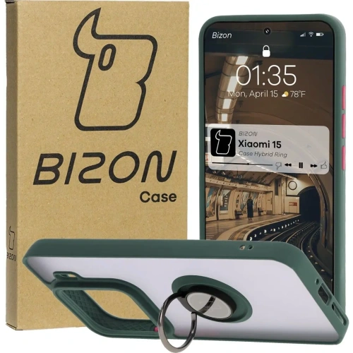 Etui z uchwytem na palec Bizon Case Hybrid Ring do Xiaomi 15 przydymione z ciemnozieloną ramką