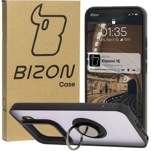 Etui z uchwytem na palec Bizon Case Hybrid Ring do Xiaomi 15 przydymione z czarną ramką