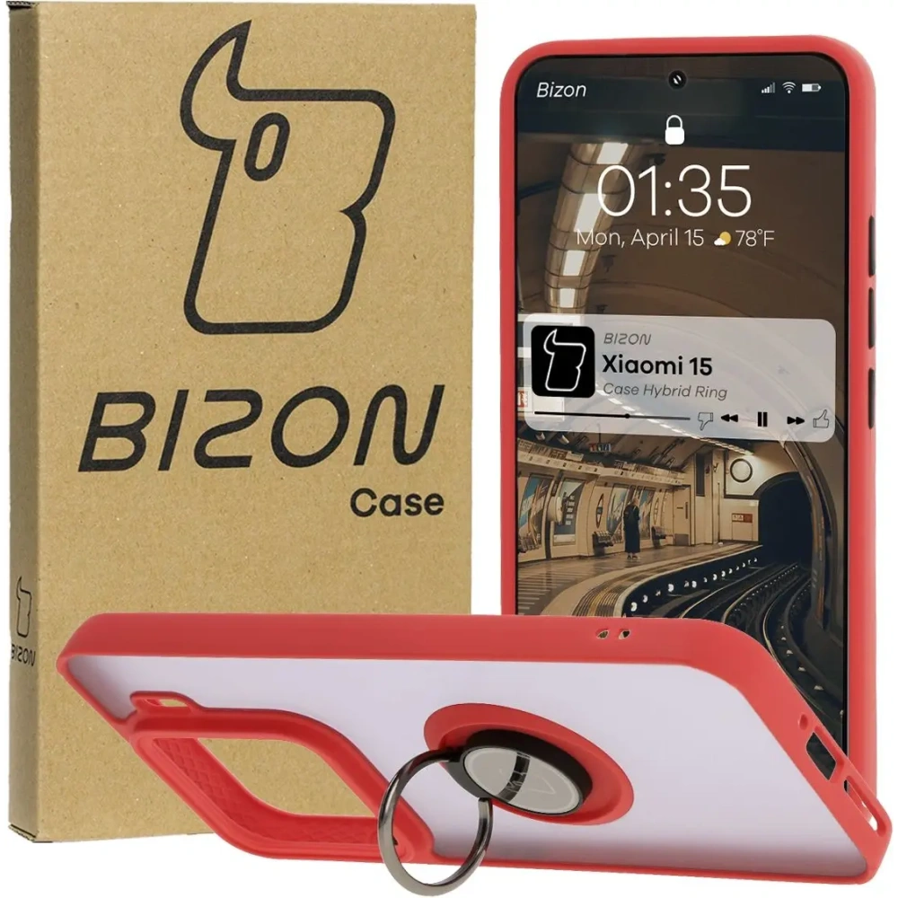 Hurtownia GSM - Etui z uchwytem na palec Bizon Case Hybrid Ring do Xiaomi 15 przydymione z czerwoną ramką - BIZ8328 - {ean13} - Hurt