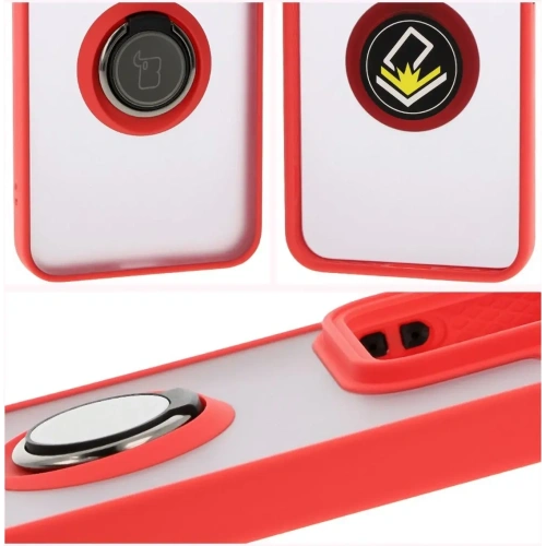 Etui z uchwytem na palec Bizon Case Hybrid Ring do Xiaomi 15 przydymione z czerwoną ramką