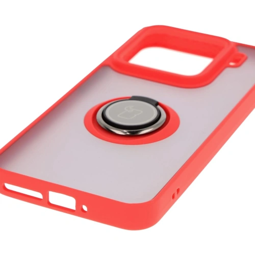 Etui z uchwytem na palec Bizon Case Hybrid Ring do Xiaomi 15 przydymione z czerwoną ramką