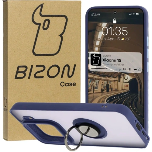 Etui z uchwytem na palec Bizon Case Hybrid Ring do Xiaomi 15 przydymione z granatową ramką
