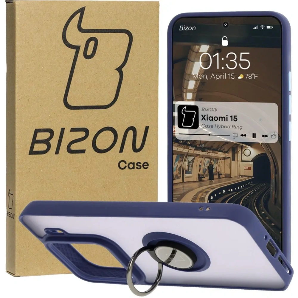 Hurtownia GSM - Etui z uchwytem na palec Bizon Case Hybrid Ring do Xiaomi 15 przydymione z granatową ramką - BIZ8329 - {ean13} - Hurt