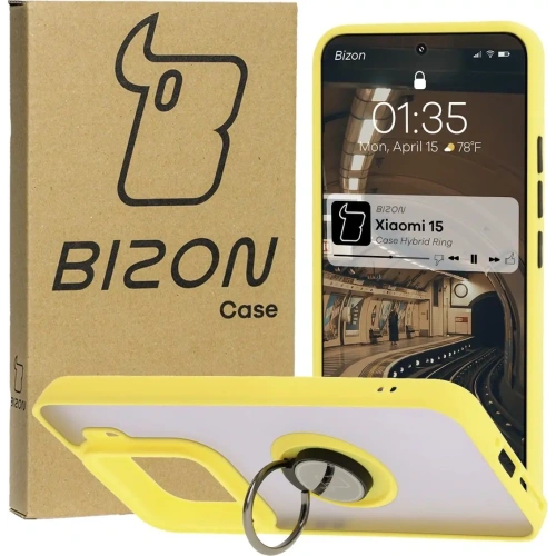 Etui z uchwytem na palec Bizon Case Hybrid Ring do Xiaomi 15 przydymione z żółtą ramką