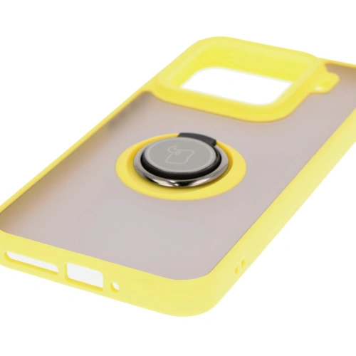 Etui z uchwytem na palec Bizon Case Hybrid Ring do Xiaomi 15 przydymione z żółtą ramką