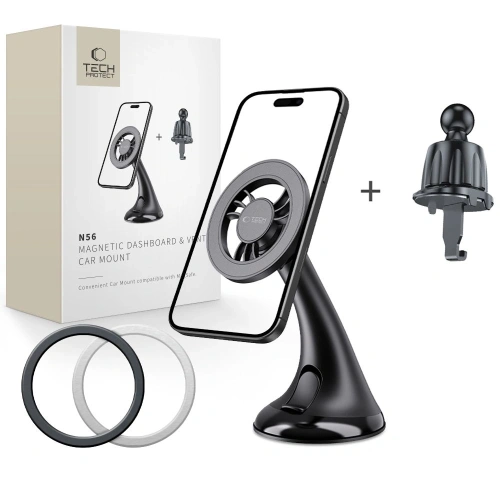 Magnetyczny uchwyt samochodowy na kokpit / szybę / do kratki Tech-Protect N56 Magnetic MagSafe Dashboard Unrg & Vent Car Mount Black