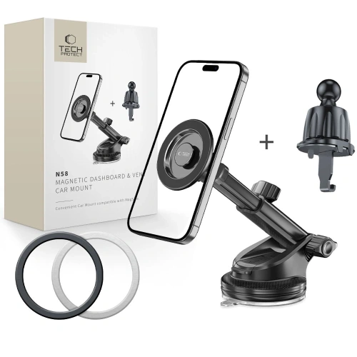 Magnetyczny uchwyt samochodowy na kokpit / szybę / do kratki Tech-Protect N58 Magnetic MagSafe Dashboard & Vent Car Mount Black