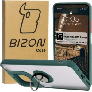 Hurtownia GSM - Etui s úchytem na prst Bizon Case Hybrid Ring pro Motorola Moto G15 / G15 Power kouřové s tmavě zeleným rámem - BIZ8353 - {ean13} - Hurt