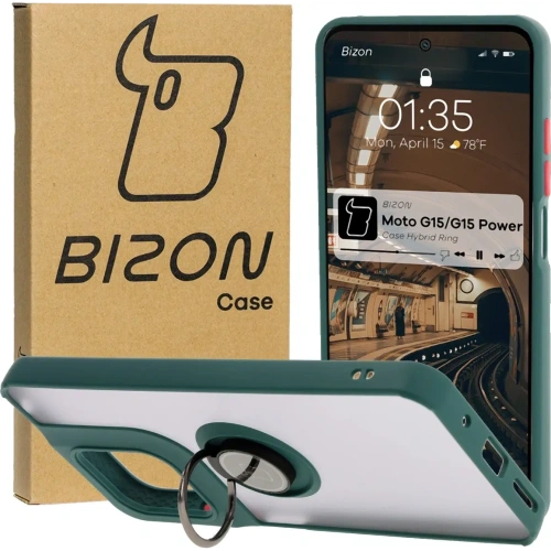 Etui z uchwytem na palec Bizon Case Hybrid Ring do Motorola Moto G15 / G15 Power przydymione z ciemnozieloną ramką