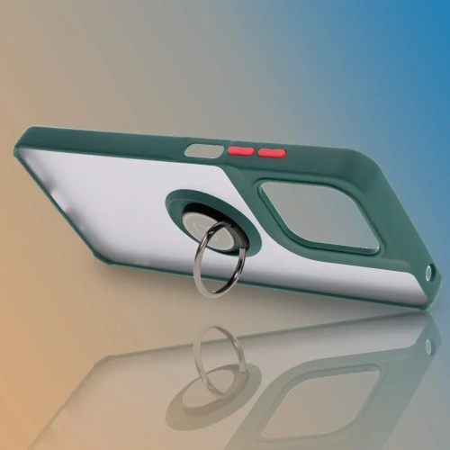 Etui z uchwytem na palec Bizon Case Hybrid Ring do Motorola Moto G15 / G15 Power przydymione z ciemnozieloną ramką