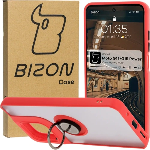 Etui z uchwytem na palec Bizon Case Hybrid Ring do Motorola Moto G15 / G15 Power przydymione z czerwoną ramką