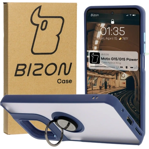 Etui z uchwytem na palec Bizon Case Hybrid Ring do Motorola Moto G15 / G15 Power przydymione z granatową ramką