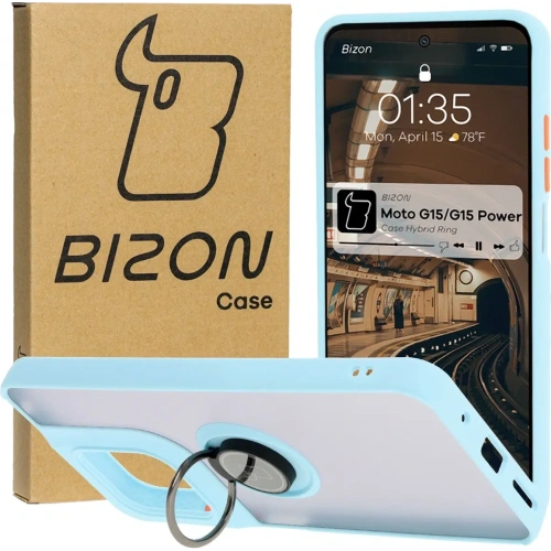 Etui z uchwytem na palec Bizon Case Hybrid Ring do Motorola Moto G15 / G15 Power przydymione z jasnoniebieską ramką