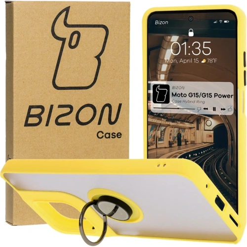 Etui z uchwytem na palec Bizon Case Hybrid Ring do Motorola Moto G15 / G15 Power przydymione z żółtą ramką