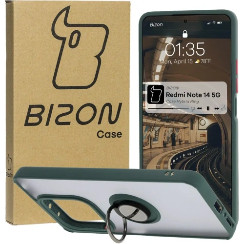 Etui z uchwytem na palec Bizon Case Hybrid Ring do Xiaomi Redmi Note 14 5G przydymione z ciemnozieloną ramką