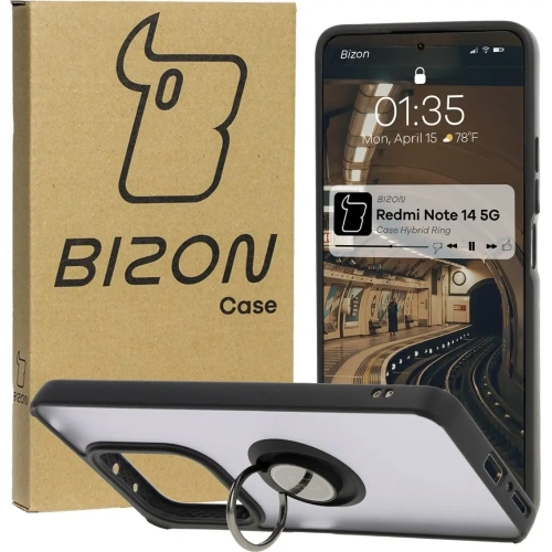 Etui z uchwytem na palec Bizon Case Hybrid Ring do Xiaomi Redmi Note 14 5G przydymione z czarną ramką