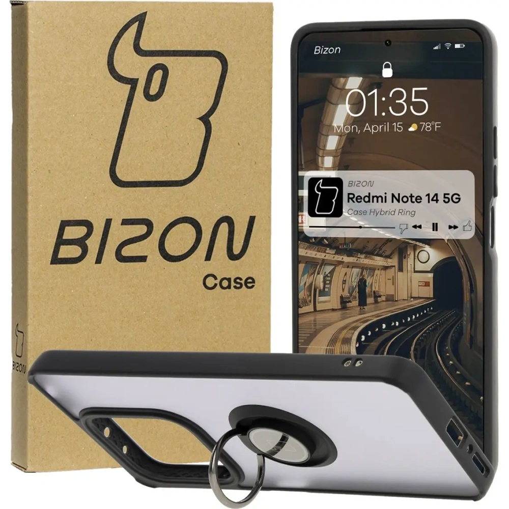 Hurtownia GSM - Bizon Case Hybrid Ring Xiaomi Redmi Note 14 5G füstös fekete kerettel - BIZ8370 - {ean13} - Hurt