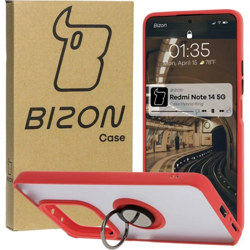 Etui z uchwytem na palec Bizon Case Hybrid Ring do Xiaomi Redmi Note 14 5G przydymione z czerwoną ramką