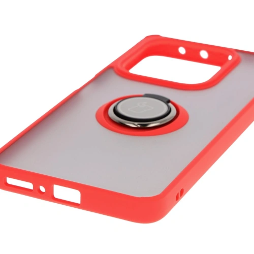 Etui z uchwytem na palec Bizon Case Hybrid Ring do Xiaomi Redmi Note 14 5G przydymione z czerwoną ramką