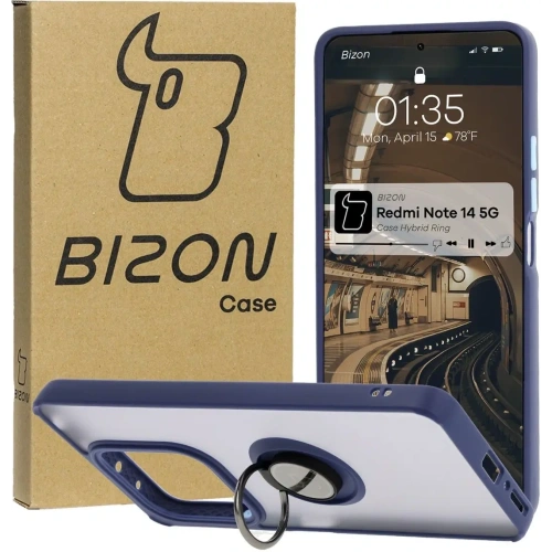 Etui z uchwytem na palec Bizon Case Hybrid Ring do Xiaomi Redmi Note 14 5G przydymione z granatową ramką