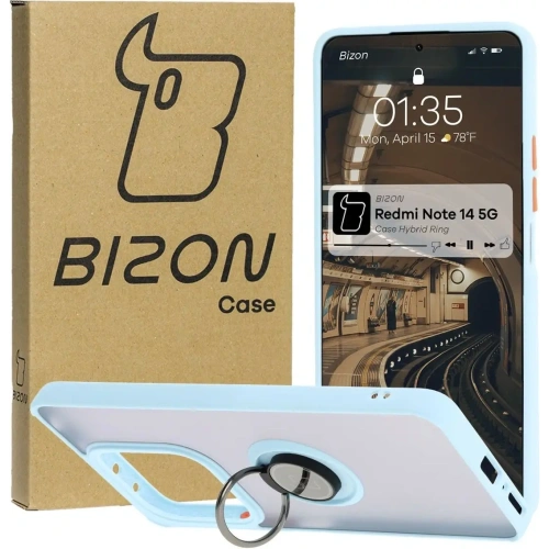 Etui z uchwytem na palec Bizon Case Hybrid Ring do Xiaomi Redmi Note 14 5G przydymione z jasnoniebieską ramką