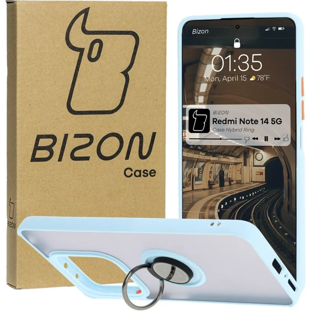 Hurtownia GSM - Etui s úchopem na prst Bizon Case Hybrid Ring pro Xiaomi Redmi Note 14 5G kouřové s jasně modrým rámečkem - BIZ8373 - {ean13} - Hurt