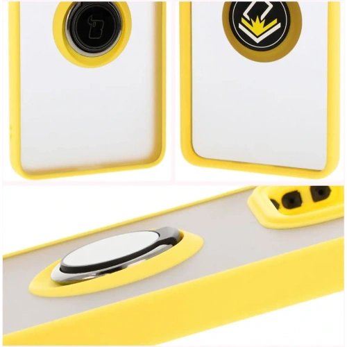 Etui z uchwytem na palec Bizon Case Hybrid Ring do Xiaomi Redmi Note 14 5G przydymione z żółtą ramką