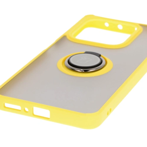 Etui z uchwytem na palec Bizon Case Hybrid Ring do Xiaomi Redmi Note 14 5G przydymione z żółtą ramką