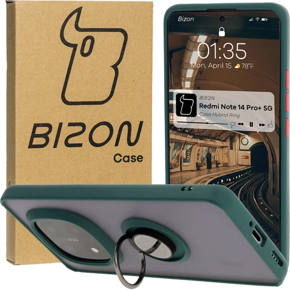 Wholesale Bizon Case Hybrid Ring Xiaomi Redmi Note 14 Pro Plus 5G smoky with a dark green frame - BIZ8375 - {ean13} - Hurt