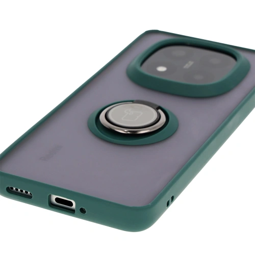 Etui z uchwytem na palec Bizon Case Hybrid Ring do Xiaomi Redmi Note 14 Pro Plus 5G przydymione z ciemnozieloną ramką