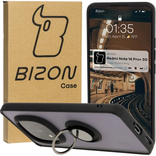 Etui z uchwytem na palec Bizon Case Hybrid Ring do Xiaomi Redmi Note 14 Pro Plus 5G przydymione z czarną ramką