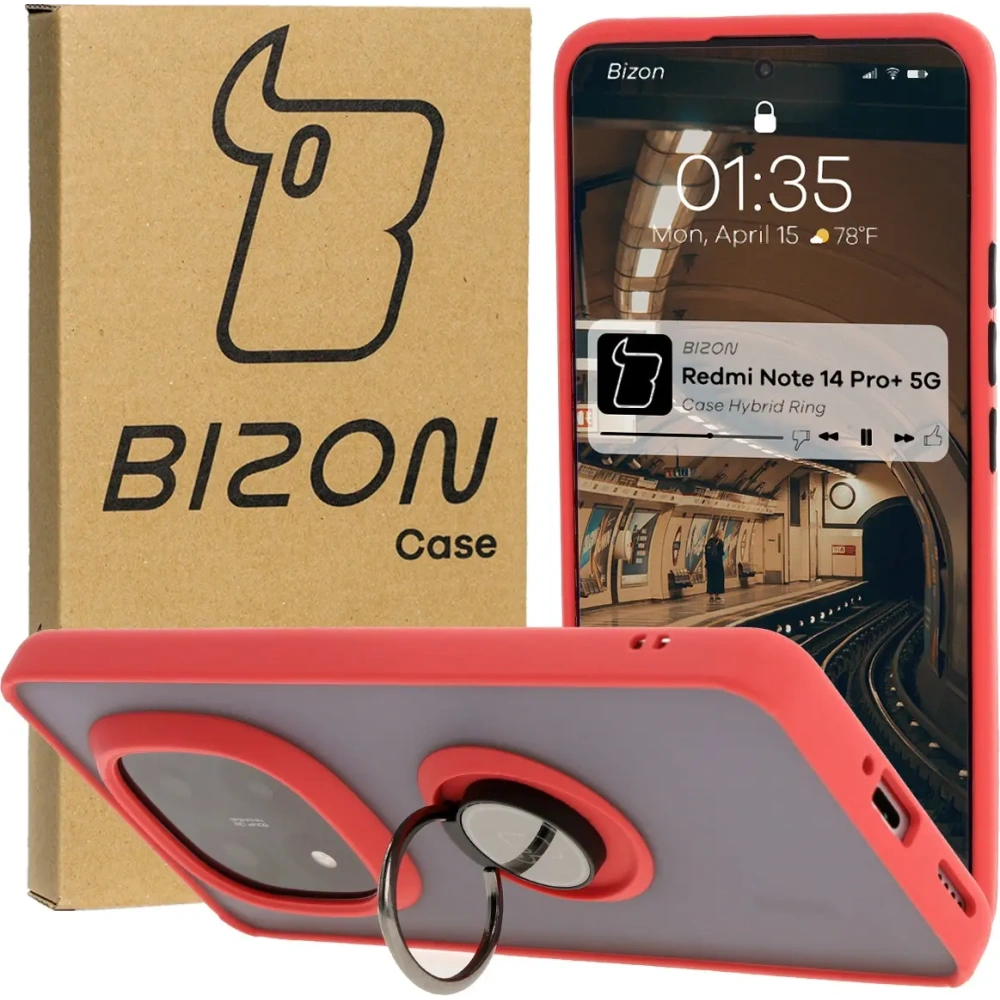 Wholesale Bizon Case Hybrid Ring Xiaomi Redmi Note 14 Pro Plus 5G smoky with a red frame - BIZ8377 - {ean13} - Hurt