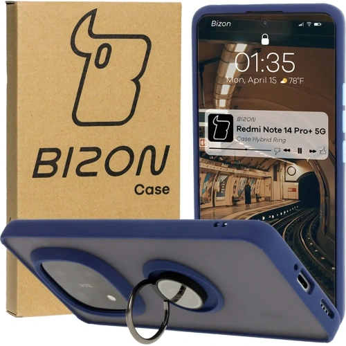 Etui z uchwytem na palec Bizon Case Hybrid Ring do Xiaomi Redmi Note 14 Pro Plus 5G przydymione z granatową ramką