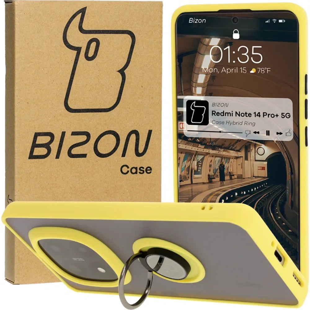 Hurtownia GSM - Etui z uchwytem na palec Bizon Case Hybrid Ring do Xiaomi Redmi Note 14 Pro Plus 5G przydymione z żółtą ramką - BIZ8380 - {ean13} - Hurt
