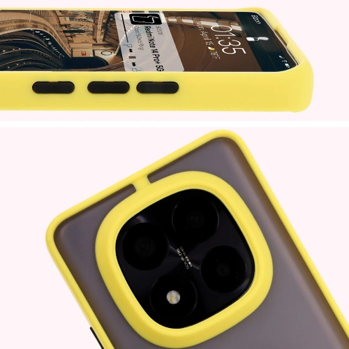Etui z uchwytem na palec Bizon Case Hybrid Ring do Xiaomi Redmi Note 14 Pro Plus 5G przydymione z żółtą ramką