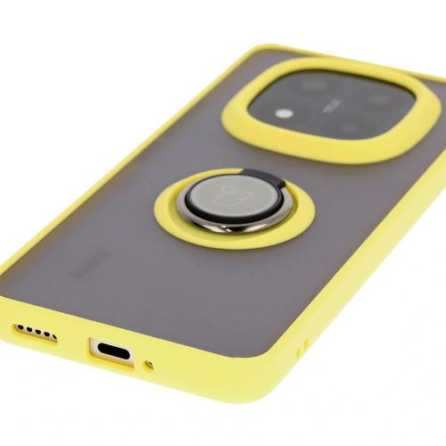 Etui z uchwytem na palec Bizon Case Hybrid Ring do Xiaomi Redmi Note 14 Pro Plus 5G przydymione z żółtą ramką
