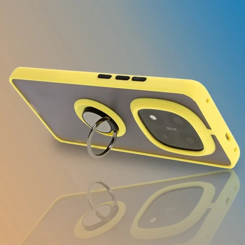 Etui z uchwytem na palec Bizon Case Hybrid Ring do Xiaomi Redmi Note 14 Pro Plus 5G przydymione z żółtą ramką