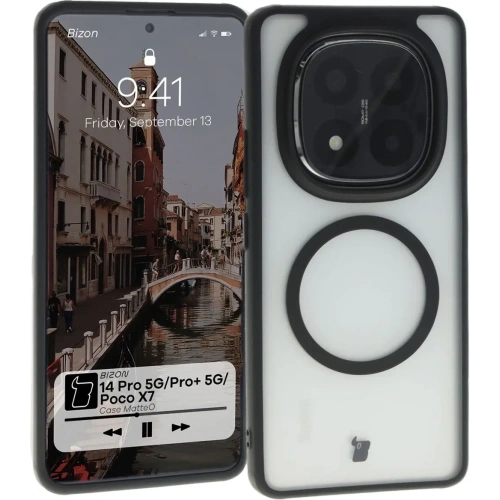 Etui z pierścieniem magnetycznym Bizon Case MatteO do Xiaomi Redmi Note 14 Pro 5G / 14 Pro Plus 5G / Poco X7 półprzezroczyste z czarną ramką