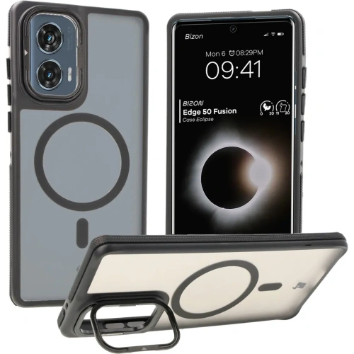 Etui z podstawką i pierścieniem magnetycznym Bizon Case Eclipse do Motorola Edge 50 Fusion przydymione z czarną ramką